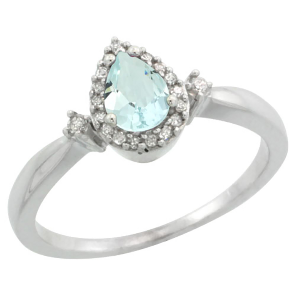 14K White Gold Diamond Natural Aquamarine Ring Pear 6x4mm, sizes 5-10