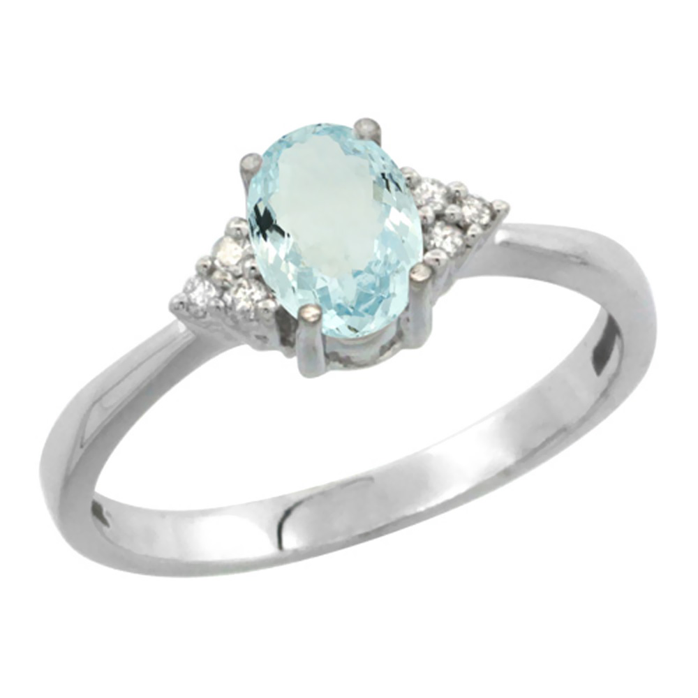 14K White Gold Diamond Natural Aquamarine Engagement Ring Oval 7x5mm, sizes 5-10