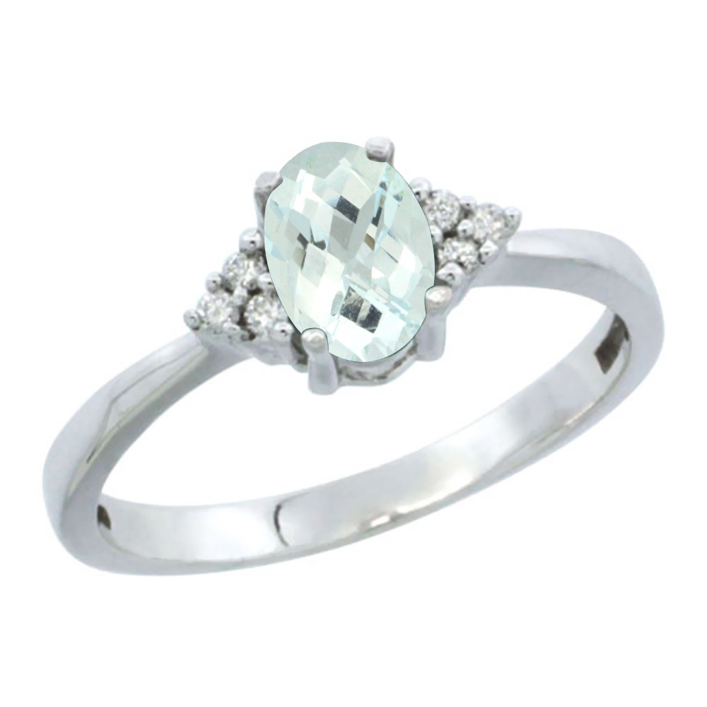 14K White Gold Natural Aquamarine Ring Oval 6x4mm Diamond Accent, sizes 5-10