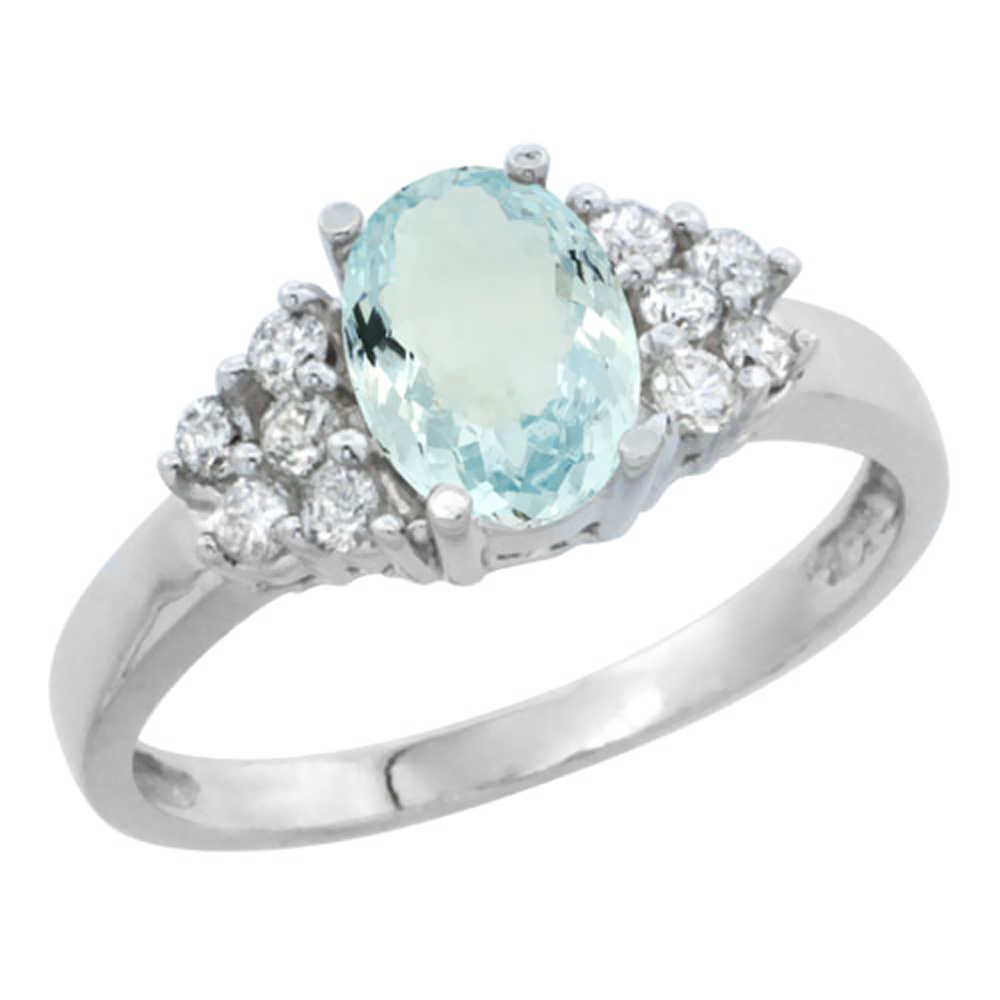 14K White Gold Natural Aquamarine Ring Oval 8x6mm Diamond Accent, sizes 5-10