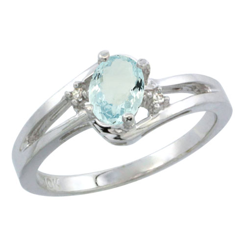 14K White Gold Diamond Natural Aquamarine Ring Oval 6x4 mm, sizes 5-10