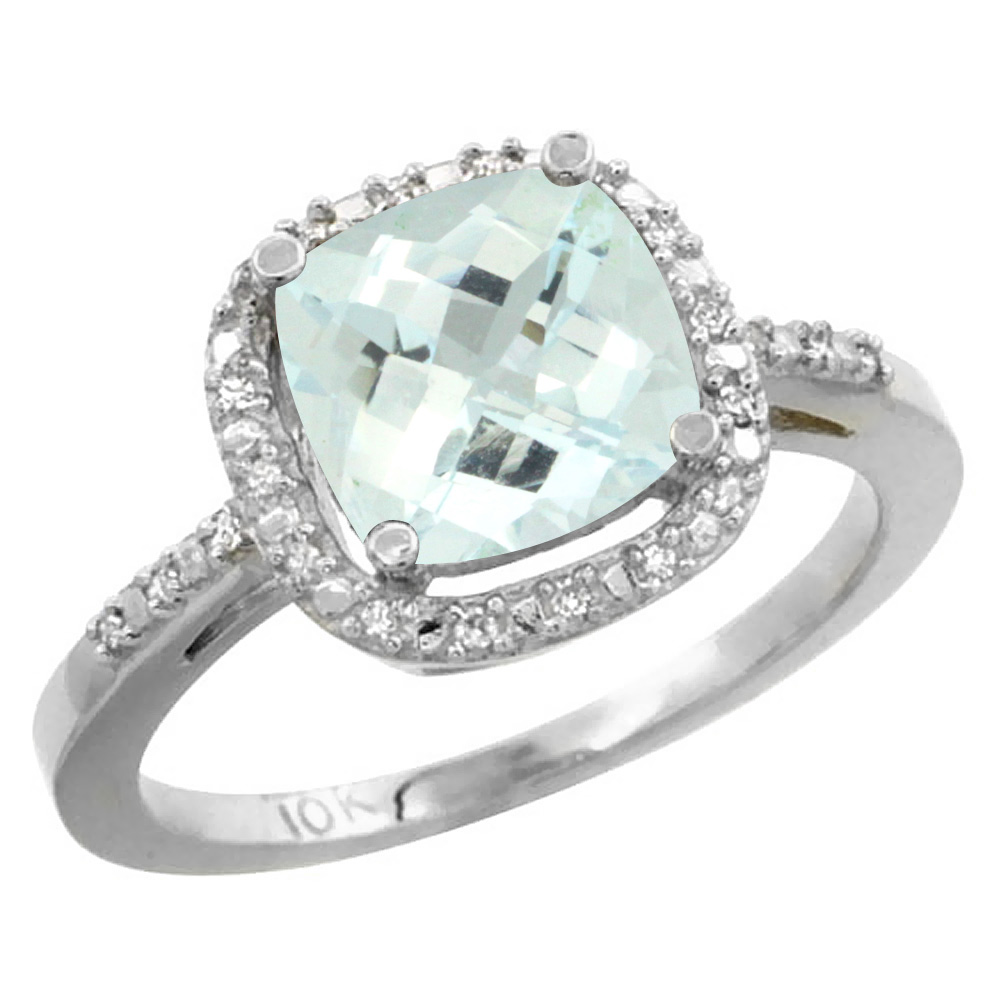 14K White Gold Natural Aquamarine Ring Cushion-cut 8x8mm Diamond Accent, sizes 5-10