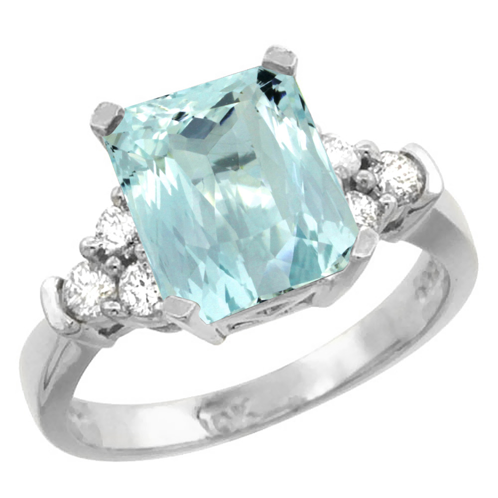 14K White Gold Natural Aquamarine Ring Octagon 9x7mm Diamond Accent, sizes 5-10