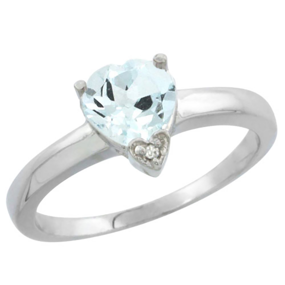 14K White Gold Natural Aquamarine Heart 7x7mm Diamond Accent, sizes 5-10
