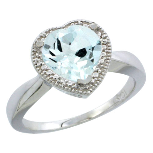 14K White Gold Natural Aquamarine Ring Heart 8x8mm Diamond Accent, sizes 5-10