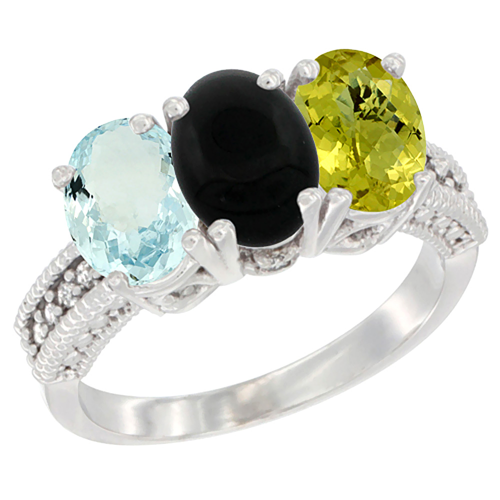 14K White Gold Natural Aquamarine, Black Onyx & Lemon Quartz Ring 3-Stone Oval 7x5 mm Diamond Accent, sizes 5 - 10