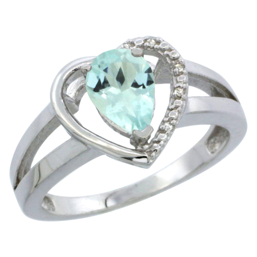 14K White Gold Natural Aquamarine Heart Ring Pear 7x5 mm Diamond Accent, sizes 5-10