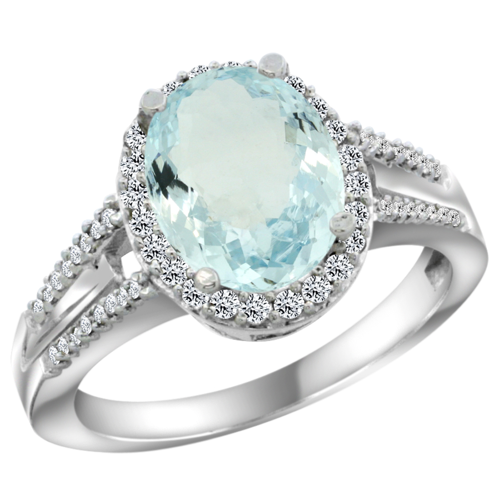 14K White Gold Diamond Natural Aquamarine Engagement Ring Oval 10x8mm, sizes 5-10