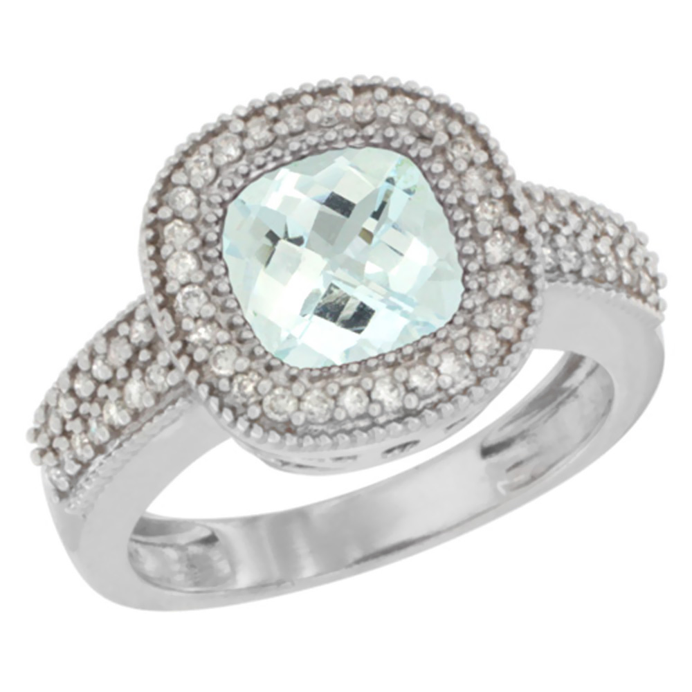 14K White Gold Natural Aquamarine Ring Cushion-cut 7x7mm Diamond Accent, sizes 5-10