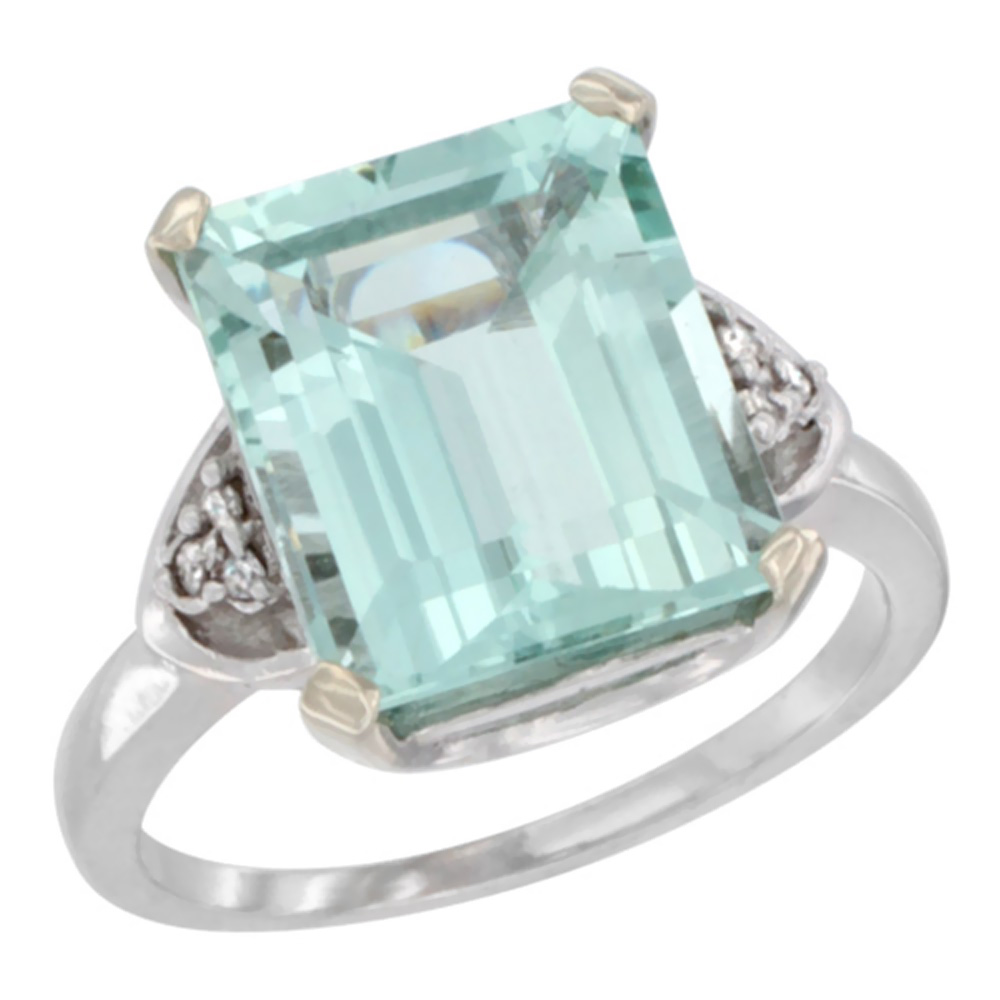 14K White Gold Diamond Natural Aquamarine Ring Octagon 12x10 mm, sizes 5-10