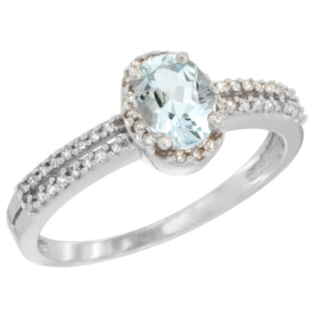 14K White Gold Natural Aquamarine Ring Oval 6x4mm Diamond Accent, sizes 5-10