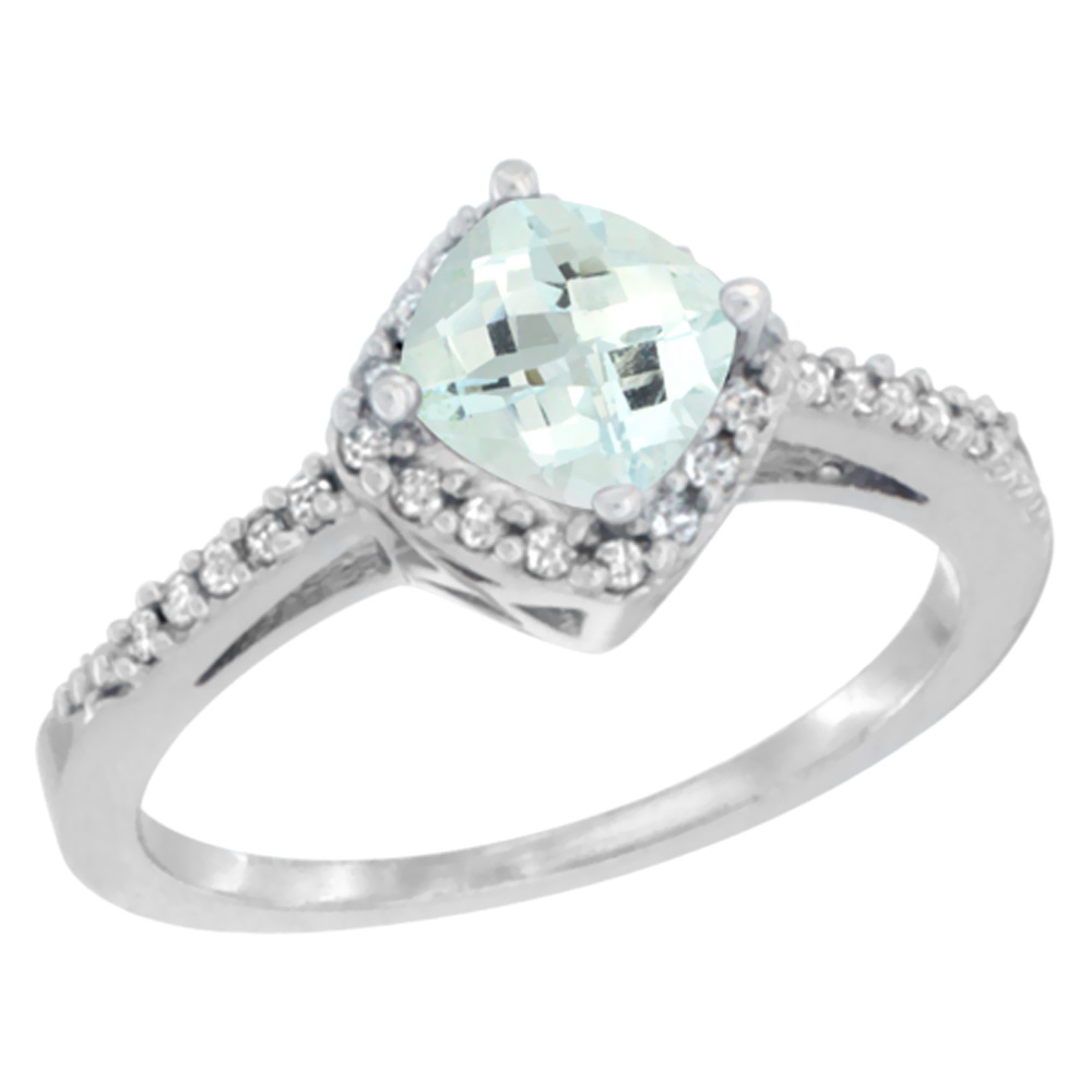 10K White Gold Natural Aquamarine Ring Cushion-cut 6mm Halo Diamond Accent, sizes 5 - 10