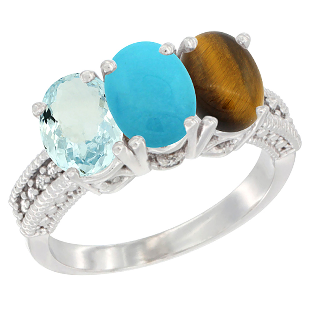 14K White Gold Natural Aquamarine, Turquoise & Tiger Eye Ring 3-Stone Oval 7x5 mm Diamond Accent, sizes 5 - 10