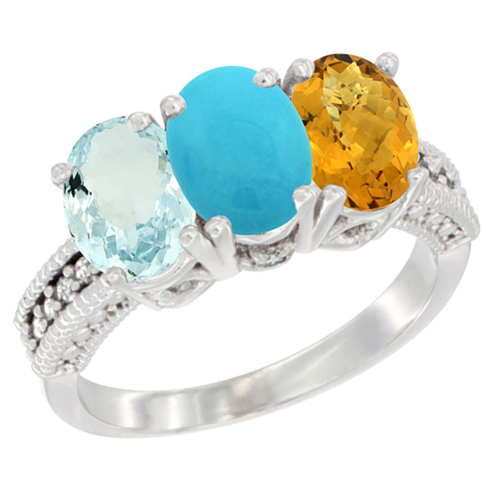14K White Gold Natural Aquamarine, Turquoise & Whisky Quartz Ring 3-Stone Oval 7x5 mm Diamond Accent, sizes 5 - 10