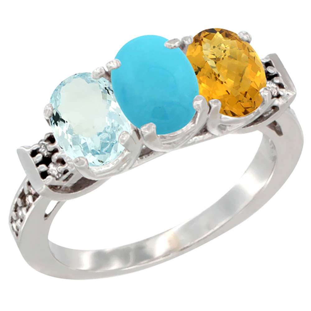 14K White Gold Natural Aquamarine, Turquoise & Whisky Quartz Ring 3-Stone Oval 7x5 mm Diamond Accent, sizes 5 - 10