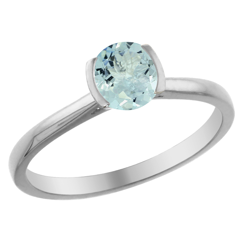 14K White Gold Natural Aquamarine Solitaire Ring Round 5mm, sizes 5 - 10