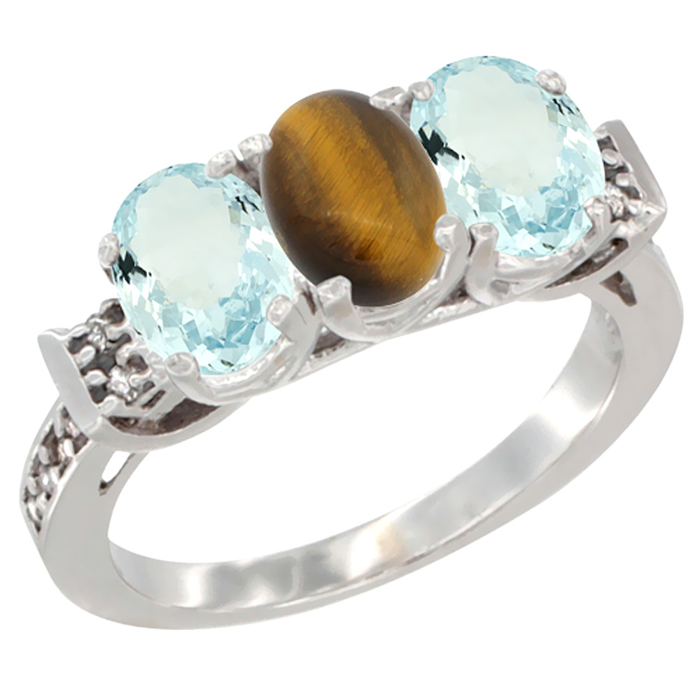 14K White Gold Natural Tiger Eye & Aquamarine Sides Ring 3-Stone Oval 7x5 mm Diamond Accent, sizes 5 - 10