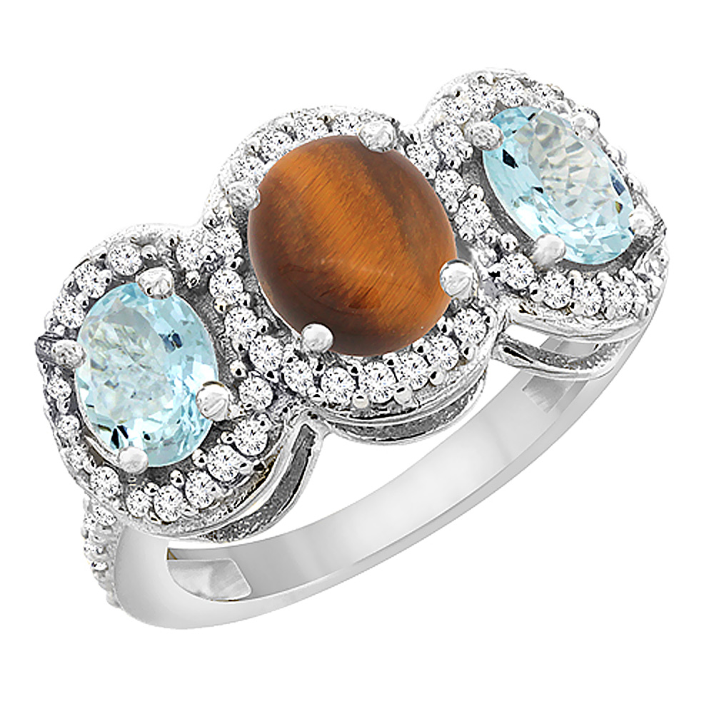 14K White Gold Natural Tiger Eye & Aquamarine 3-Stone Ring Oval Diamond Accent, sizes 5 - 10