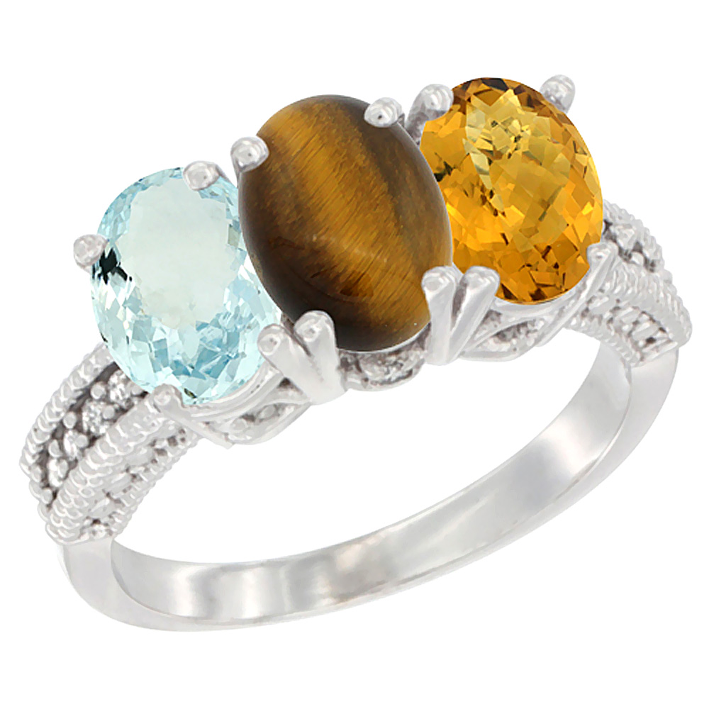 14K White Gold Natural Aquamarine, Tiger Eye & Whisky Quartz Ring 3-Stone Oval 7x5 mm Diamond Accent, sizes 5 - 10