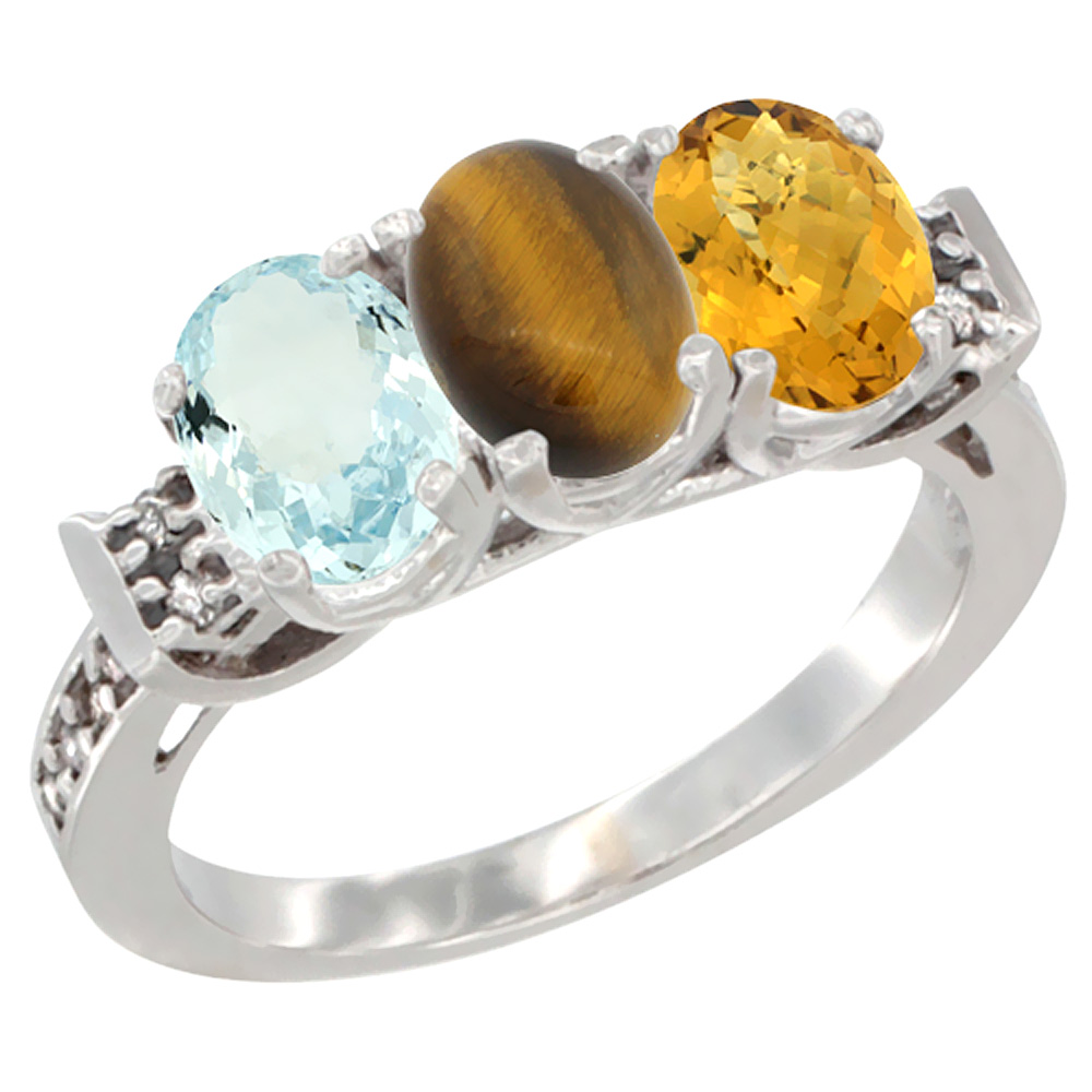 14K White Gold Natural Aquamarine, Tiger Eye & Whisky Quartz Ring 3-Stone Oval 7x5 mm Diamond Accent, sizes 5 - 10