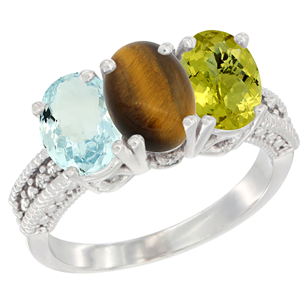 14K White Gold Natural Aquamarine, Tiger Eye & Lemon Quartz Ring 3-Stone Oval 7x5 mm Diamond Accent, sizes 5 - 10