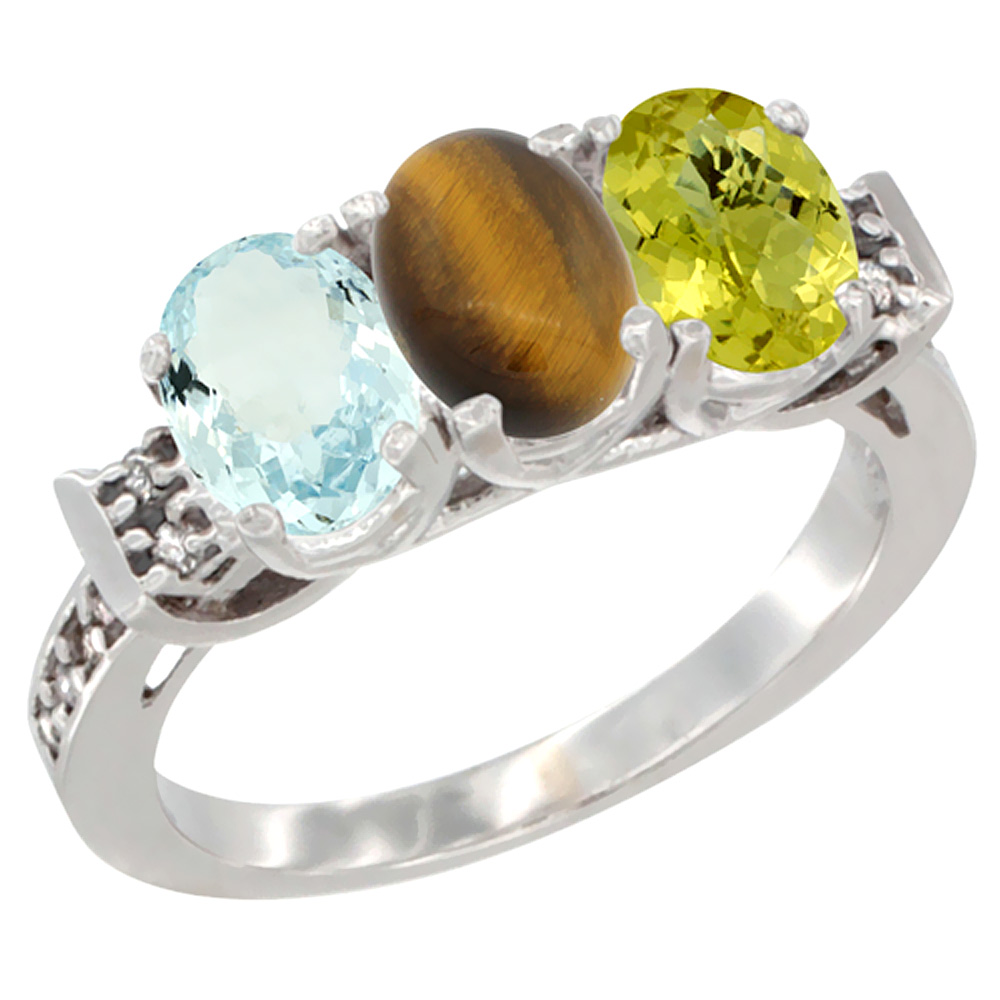 14K White Gold Natural Aquamarine, Tiger Eye & Lemon Quartz Ring 3-Stone Oval 7x5 mm Diamond Accent, sizes 5 - 10
