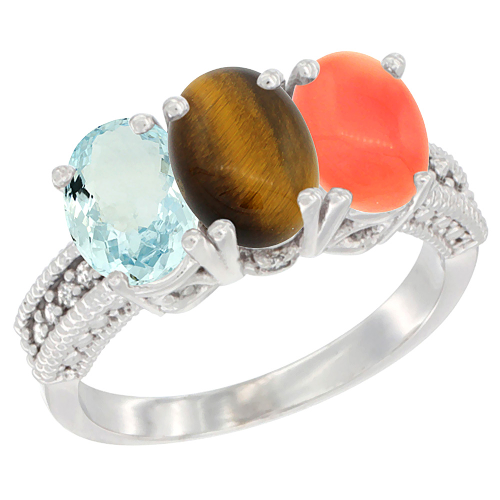 14K White Gold Natural Aquamarine, Tiger Eye & Coral Ring 3-Stone Oval 7x5 mm Diamond Accent, sizes 5 - 10