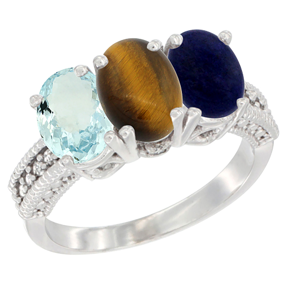 14K White Gold Natural Aquamarine, Tiger Eye & Lapis Ring 3-Stone Oval 7x5 mm Diamond Accent, sizes 5 - 10