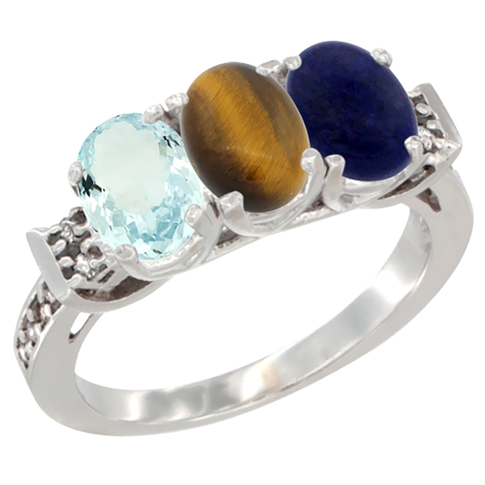 14K White Gold Natural Aquamarine, Tiger Eye & Lapis Ring 3-Stone Oval 7x5 mm Diamond Accent, sizes 5 - 10