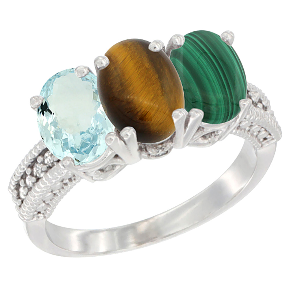 14K White Gold Natural Aquamarine, Tiger Eye & Malachite Ring 3-Stone Oval 7x5 mm Diamond Accent, sizes 5 - 10