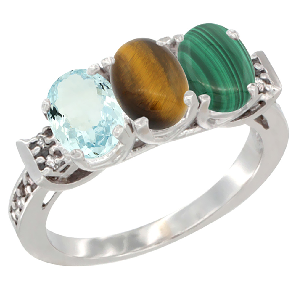 14K White Gold Natural Aquamarine, Tiger Eye & Malachite Ring 3-Stone Oval 7x5 mm Diamond Accent, sizes 5 - 10