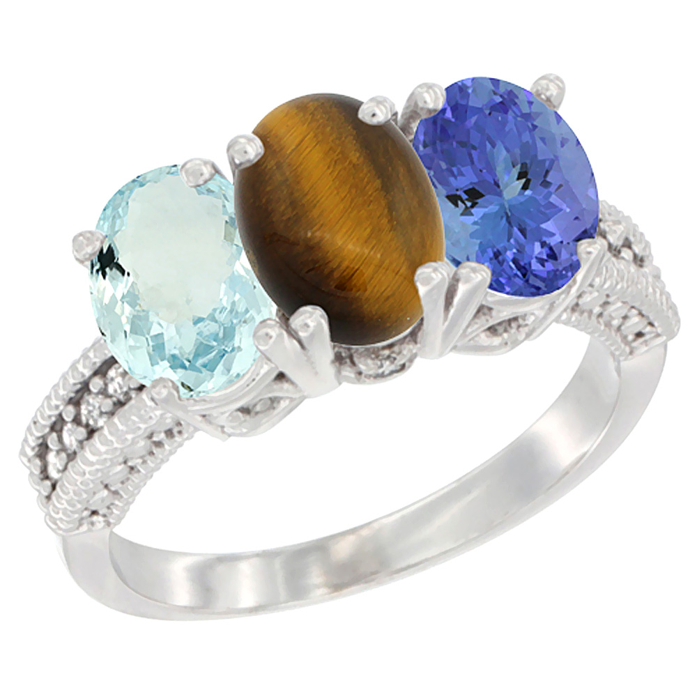 14K White Gold Natural Aquamarine, Tiger Eye & Tanzanite Ring 3-Stone Oval 7x5 mm Diamond Accent, sizes 5 - 10