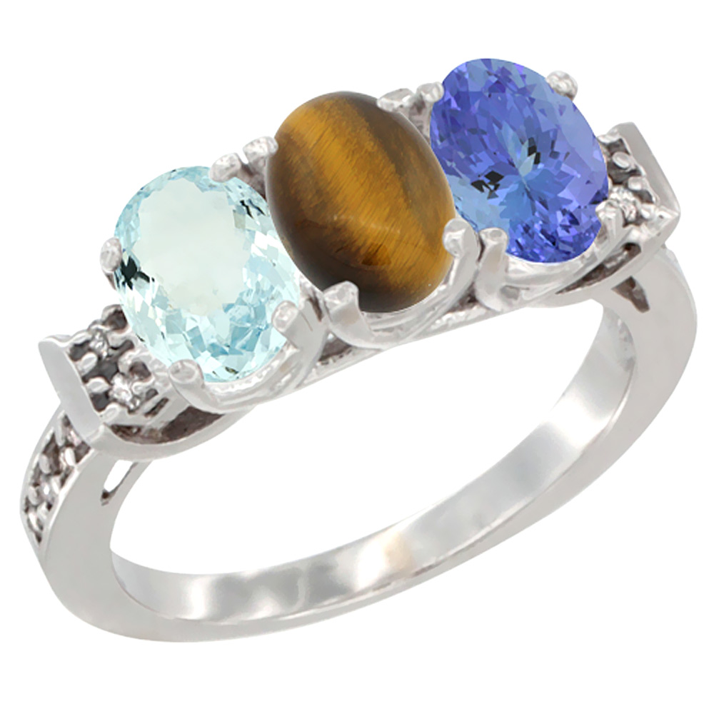 14K White Gold Natural Aquamarine, Tiger Eye & Tanzanite Ring 3-Stone Oval 7x5 mm Diamond Accent, sizes 5 - 10