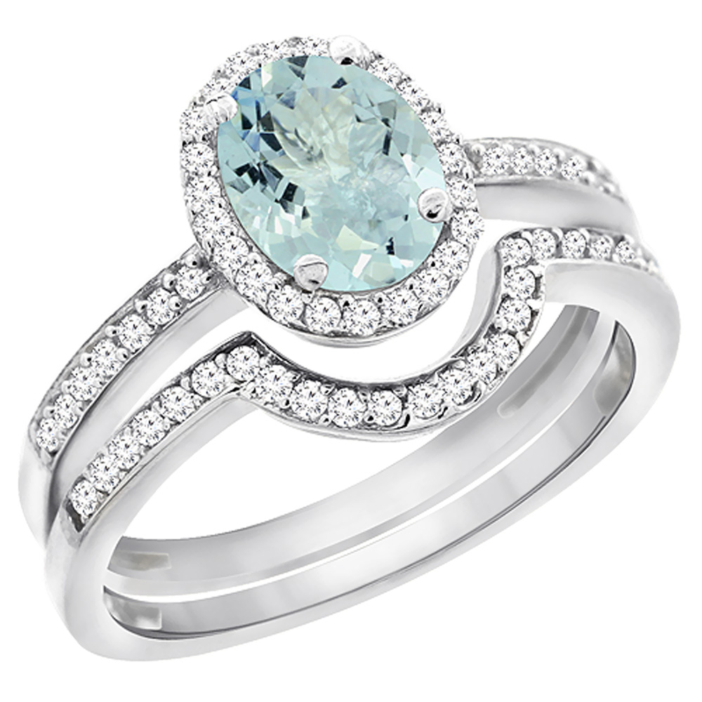 14K White Gold Diamond Natural Aquamarine 2-Pc. Engagement Ring Set Oval 8x6 mm, sizes 5 - 10