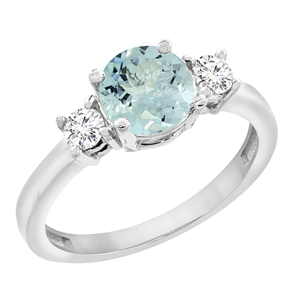 14K White Gold Diamond Natural Aquamarine Engagement Ring Round 7mm, sizes 5 to 10 with half sizes