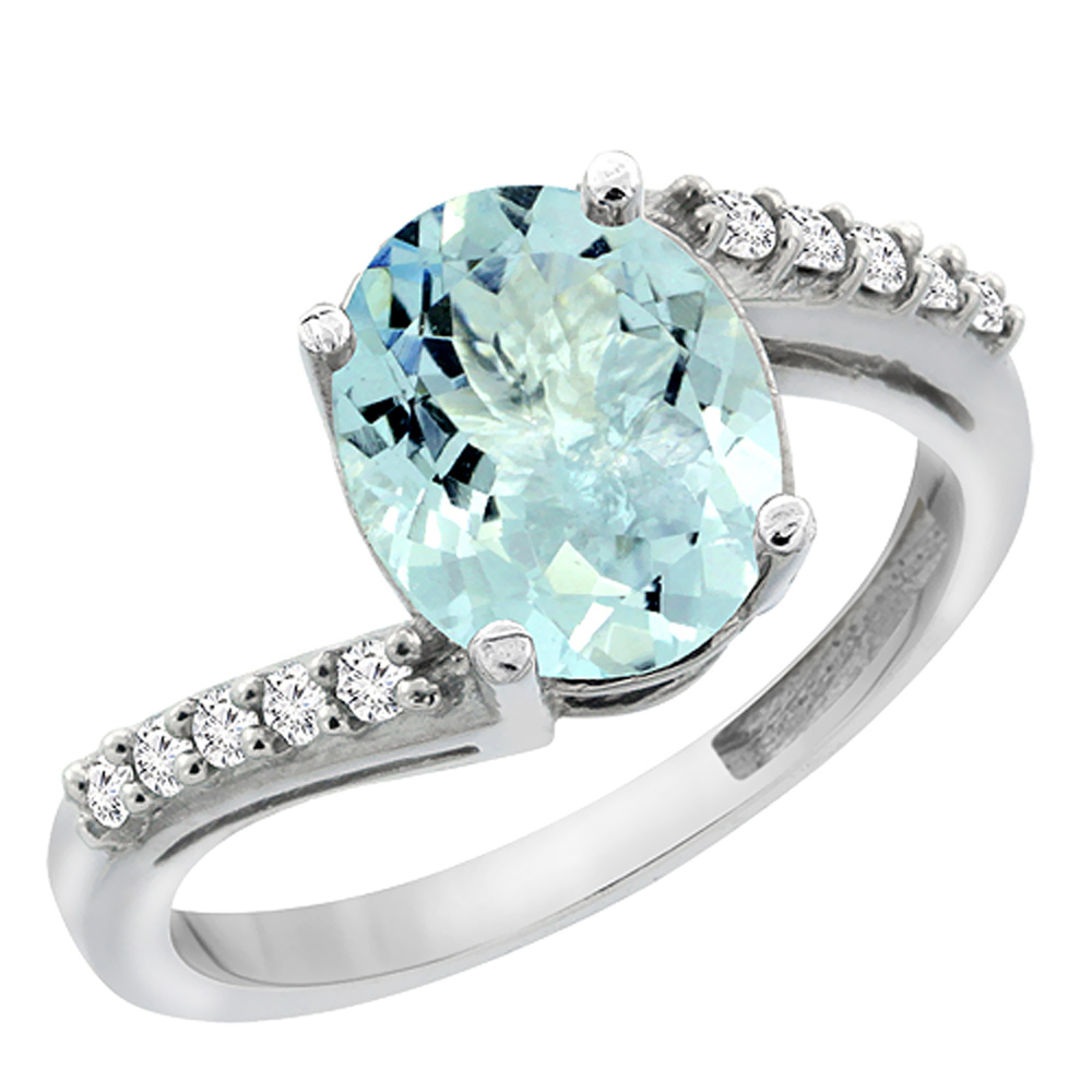 14K White Gold Diamond Natural Aquamarine Engagement Ring Oval 10x8mm, sizes 5-10