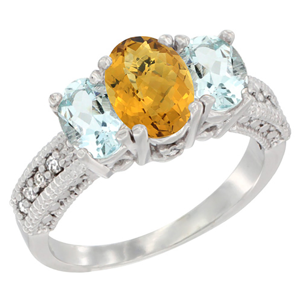 10K White Gold Diamond Natural Whisky Quartz Ring Oval 3-stone with Aquamarine, sizes 5 - 10