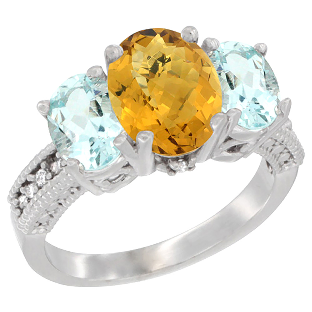 10K White Gold Diamond Natural Whisky Quartz Ring 3-Stone Oval 8x6mm with Aquamarine, sizes5-10