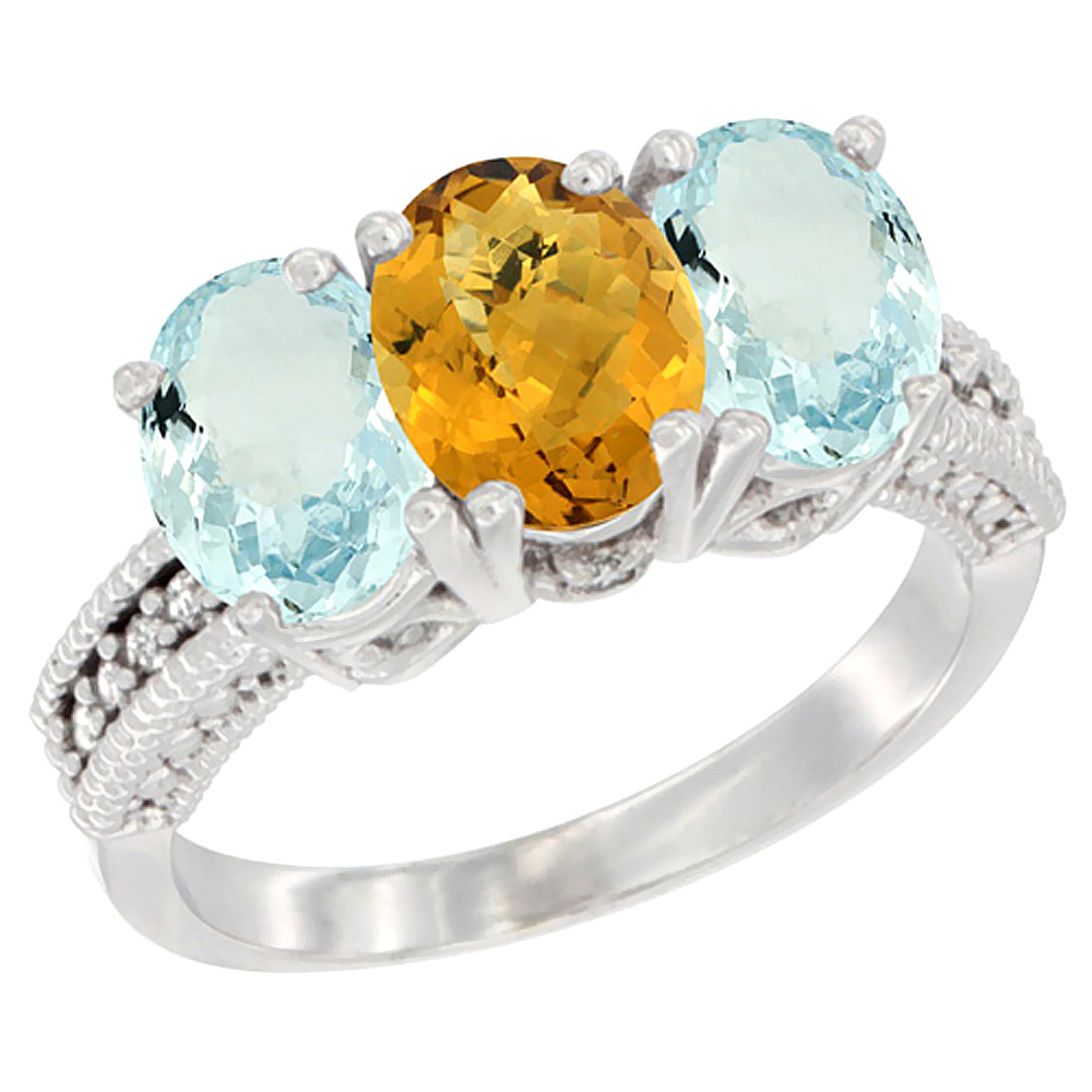 10K White Gold Natural Whisky Quartz & Aquamarine Sides Ring 3-Stone Oval 7x5 mm Diamond Accent, sizes 5 - 10