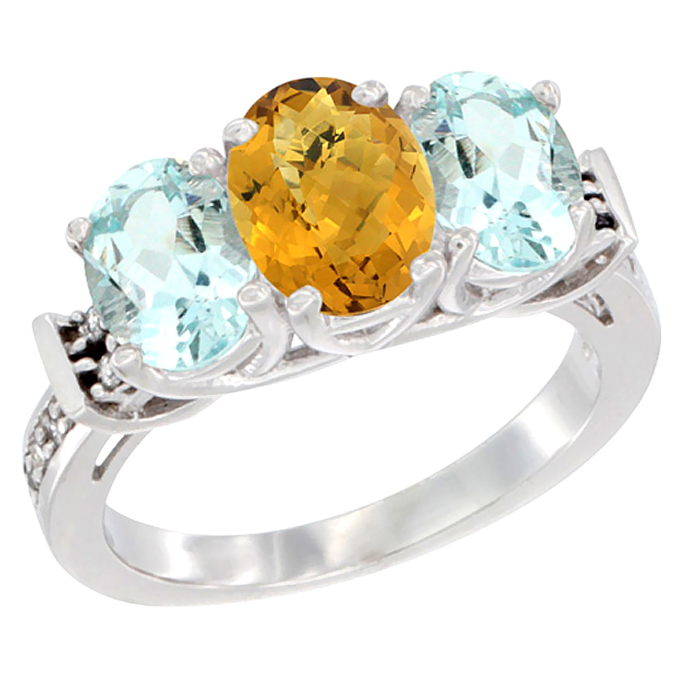 10K White Gold Natural Whisky Quartz & Aquamarine Sides Ring 3-Stone Oval Diamond Accent, sizes 5 - 10
