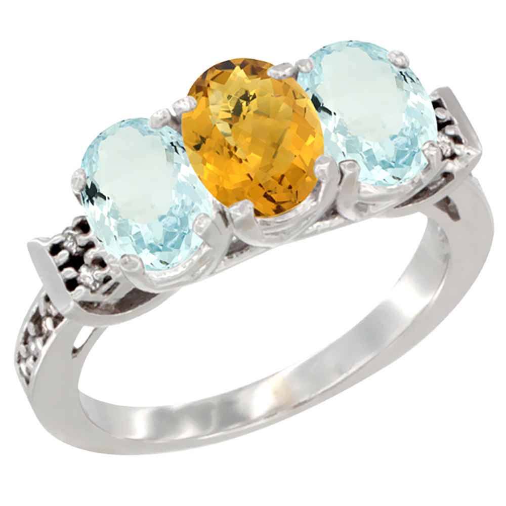10K White Gold Natural Whisky Quartz & Aquamarine Sides Ring 3-Stone Oval 7x5 mm Diamond Accent, sizes 5 - 10