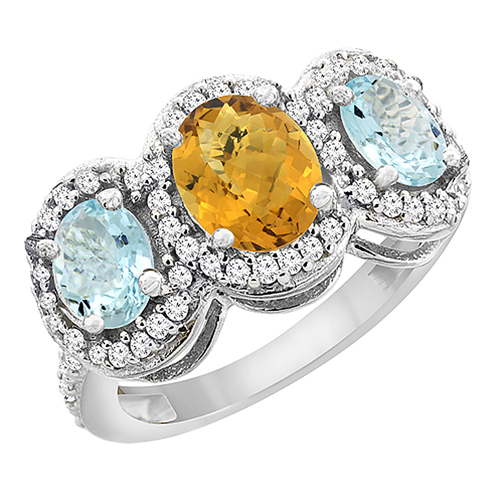 10K White Gold Natural Whisky Quartz & Aquamarine 3-Stone Ring Oval Diamond Accent, sizes 5 - 10