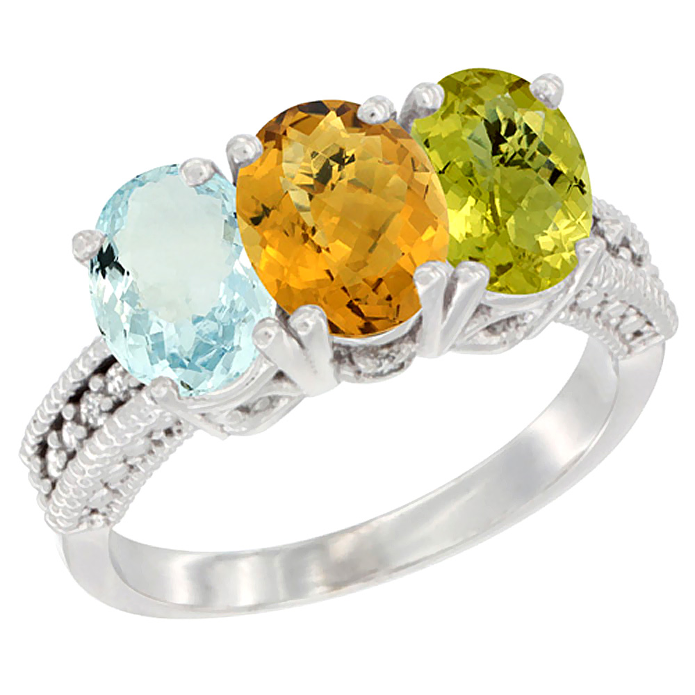 10K White Gold Natural Aquamarine, Whisky Quartz & Lemon Quartz Ring 3-Stone Oval 7x5 mm Diamond Accent, sizes 5 - 10
