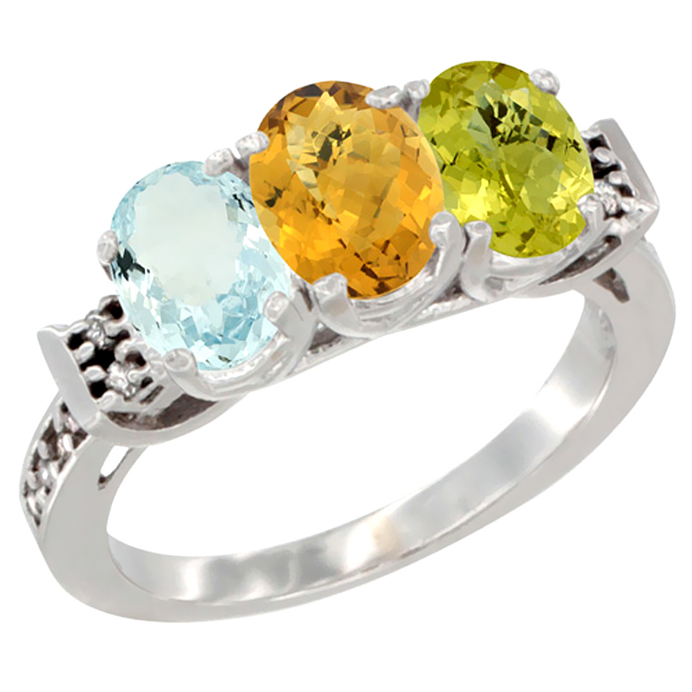 10K White Gold Natural Aquamarine, Whisky Quartz & Lemon Quartz Ring 3-Stone Oval 7x5 mm Diamond Accent, sizes 5 - 10