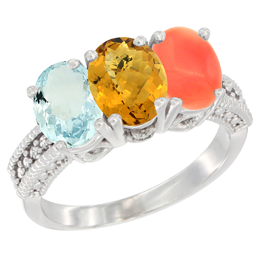10K White Gold Natural Aquamarine, Whisky Quartz & Coral Ring 3-Stone Oval 7x5 mm Diamond Accent, sizes 5 - 10