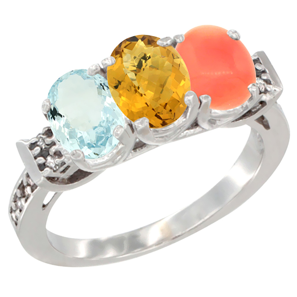 10K White Gold Natural Aquamarine, Whisky Quartz & Coral Ring 3-Stone Oval 7x5 mm Diamond Accent, sizes 5 - 10