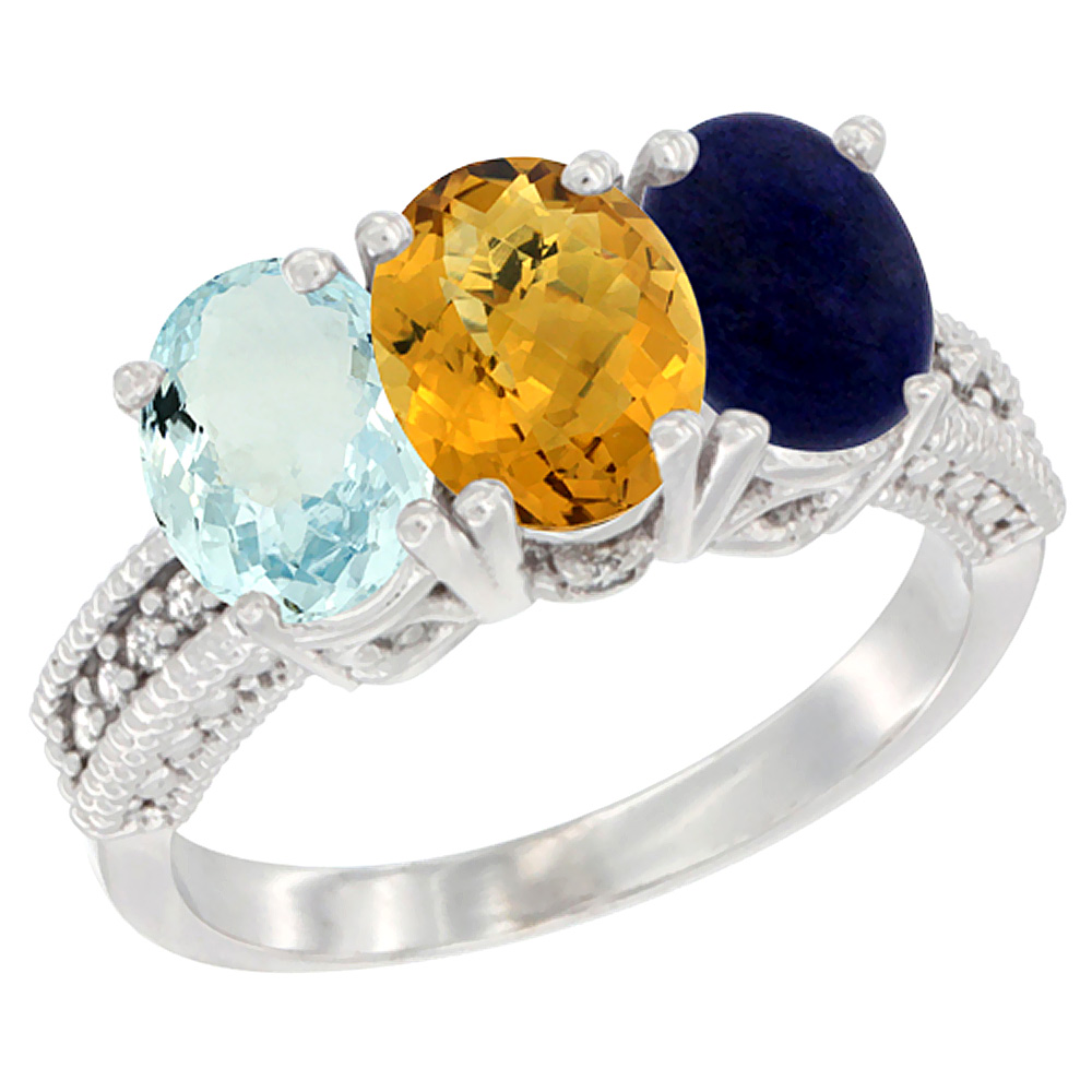 10K White Gold Natural Aquamarine, Whisky Quartz & Lapis Ring 3-Stone Oval 7x5 mm Diamond Accent, sizes 5 - 10