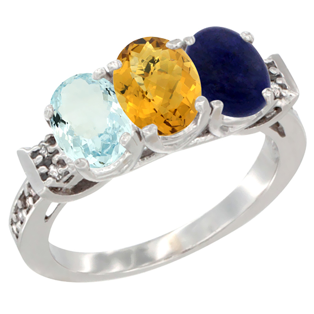 10K White Gold Natural Aquamarine, Whisky Quartz & Lapis Ring 3-Stone Oval 7x5 mm Diamond Accent, sizes 5 - 10