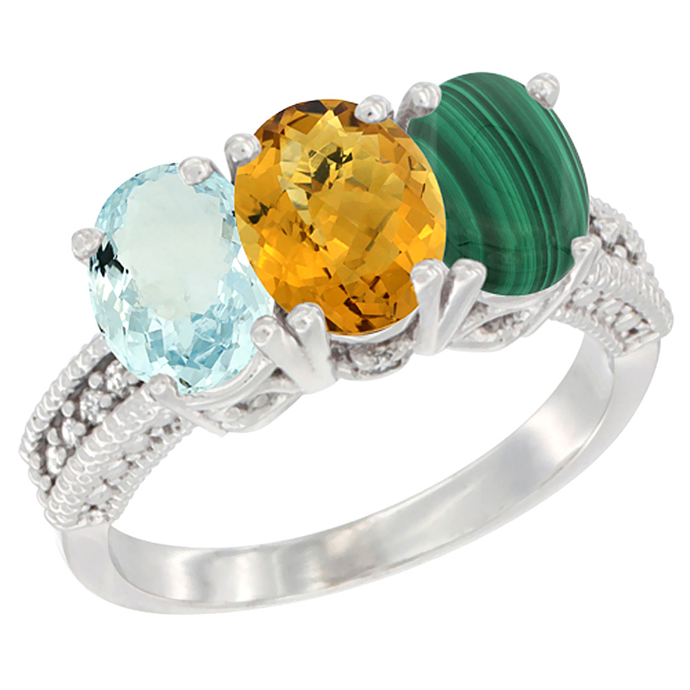 10K White Gold Natural Aquamarine, Whisky Quartz & Malachite Ring 3-Stone Oval 7x5 mm Diamond Accent, sizes 5 - 10