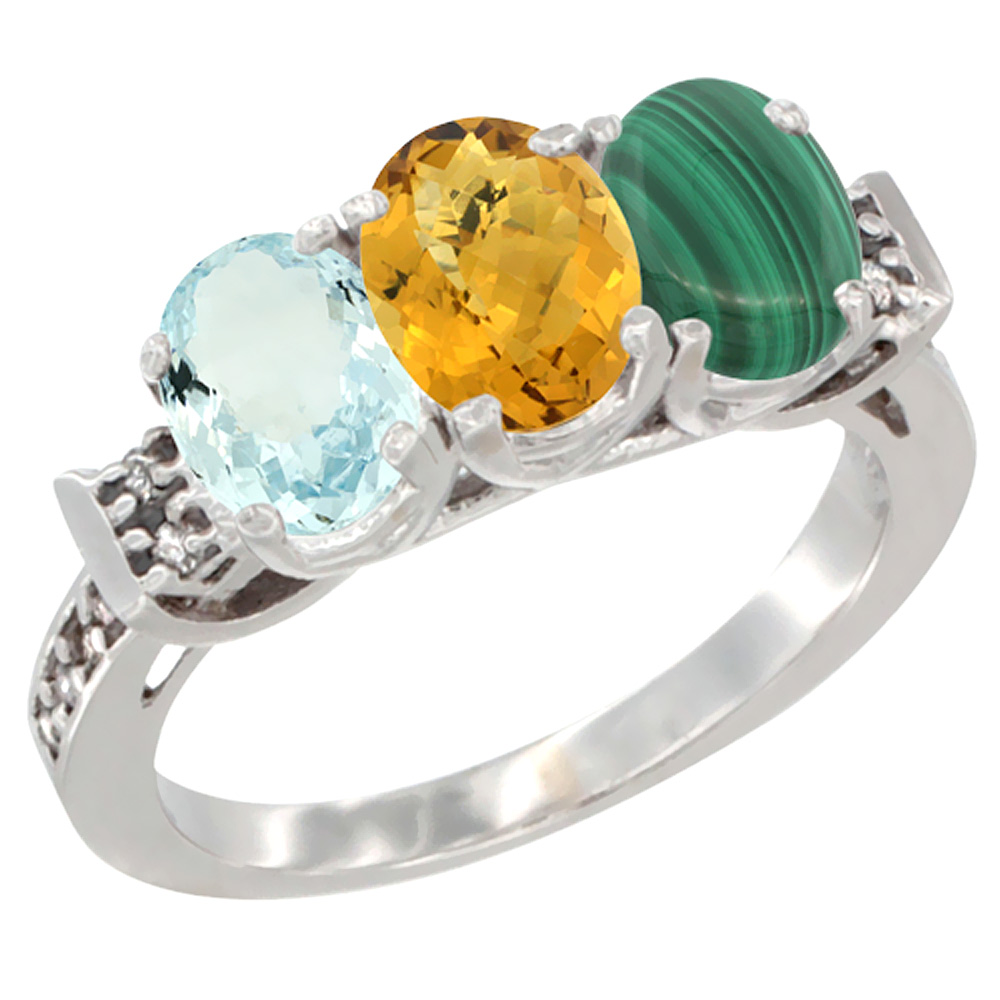 10K White Gold Natural Aquamarine, Whisky Quartz & Malachite Ring 3-Stone Oval 7x5 mm Diamond Accent, sizes 5 - 10